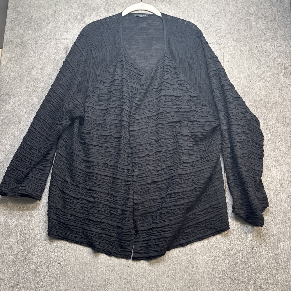 Eileen Fisher Black Crinkled Open Front Cardigan Hemp Nylon Knit Drape Jacket L